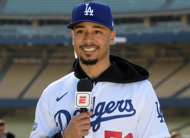Los Angeles Dodgers outfielder Mookie Betts during an introductory press conference at Dodger Stadium