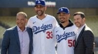 Mookie Betts, Andrew Friedman, David Price and Dave Roberts during the Los Angeles Dodgers introductory press conference at Dodger Stadium