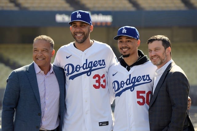 Mookie Betts, Andrew Friedman, David Price and Dave Roberts during the Los Angeles Dodgers introductory press conference at Dodger Stadium