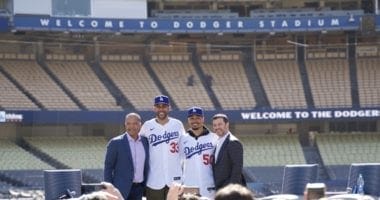 Los Angeles Dodgers president of baseball operations Andrew Friedman with manager Dave Roberts and Mookie Betts and David Price during the introductory press conference at Dodger Stadium