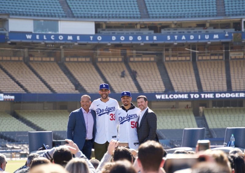 Los Angeles Dodgers president of baseball operations Andrew Friedman with manager Dave Roberts and Mookie Betts and David Price during the introductory press conference at Dodger Stadium