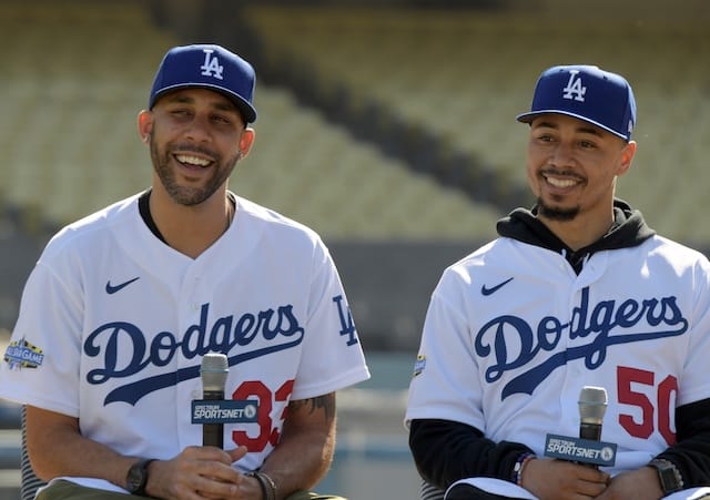Mookie Betts and David Price during the Los Angeles Dodgers introductory press conference at Dodger Stadium