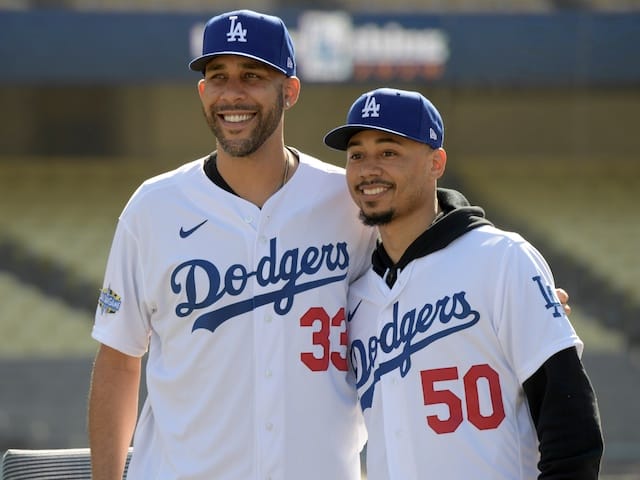 Mookie Betts and David Price during the Los Angeles Dodgers introductory press conference at Dodger Stadium