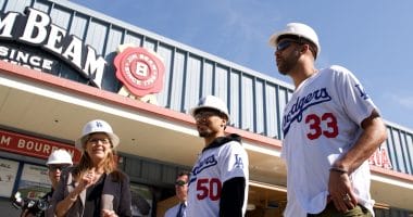 Mookie Betts and David Price tour with Janet Marie Smith during the Los Angeles Dodgers introductory press conference at Dodger Stadium