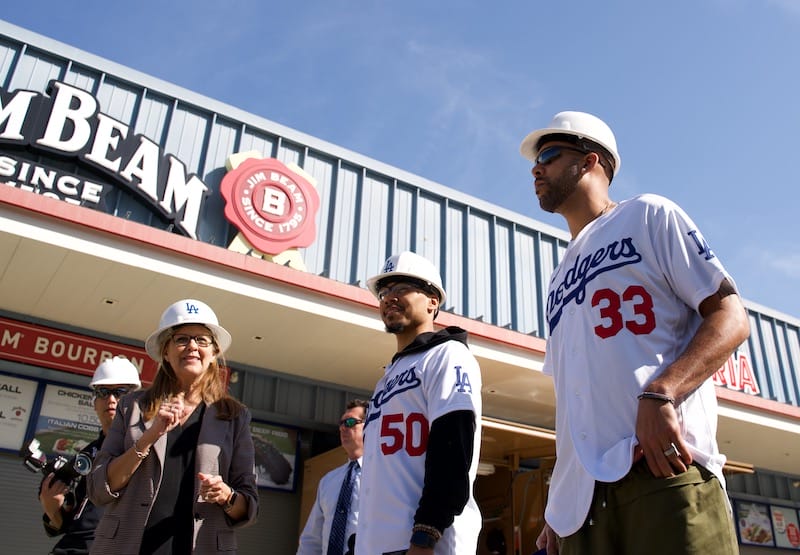 Mookie Betts and David Price tour with Janet Marie Smith during the Los Angeles Dodgers introductory press conference at Dodger Stadium