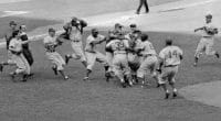 Brooklyn Dodgers celebrate after defeating the New York Yankees in seven games of the 1955 World Series