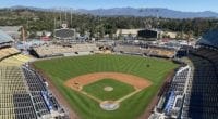 General view of Dodger Stadium with construction progressing as part of the 2020 renovations