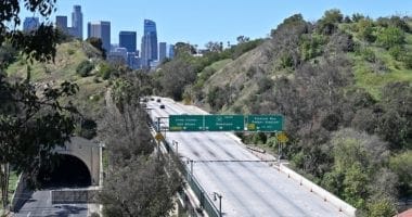Downtown L.A., empty freeway