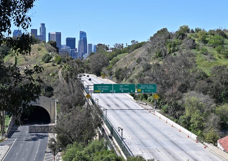 Downtown L.A., empty freeway