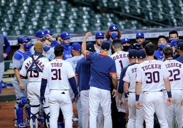 Cody Bellinger, Carlos Correa, Clayton Kershaw, Dustin May, Dodgers, Astros, benches clear