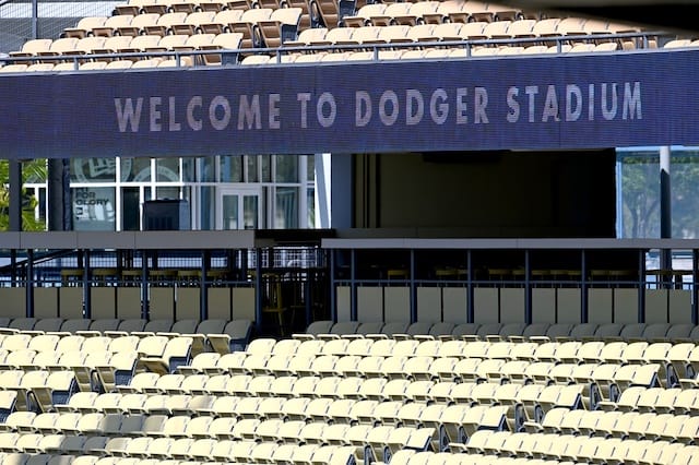 Dodger Stadium sign, empty seats