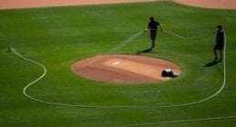 Pitcher's mound, ground's crew watering