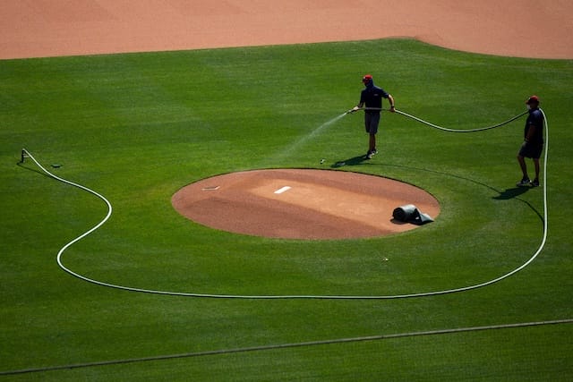 Pitcher's mound, ground's crew watering