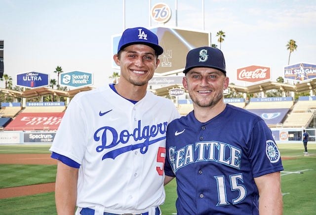 Mother Of Corey And Kyle Seager Wears Split Dodgers-Mariners Jersey