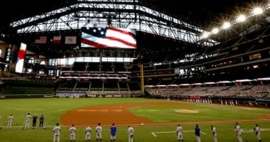 Dodgers lined up, national anthem, Globe Life Field view