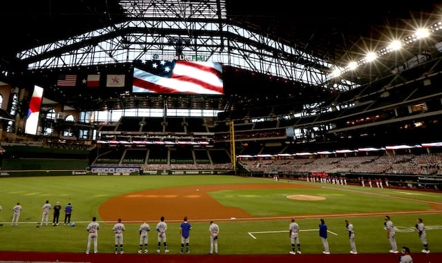 Dodgers lined up, national anthem, Globe Life Field view