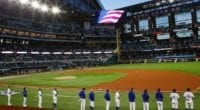 Dodgers lined up, national anthem, Globe Life Field view, 2020 NLCS