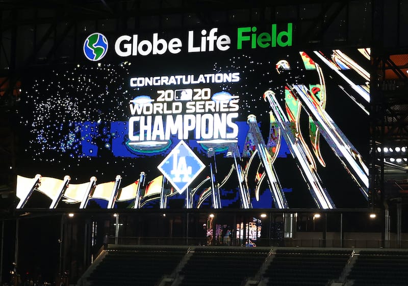 Globe Life Field video board, Dodgers win, 2020 World Series