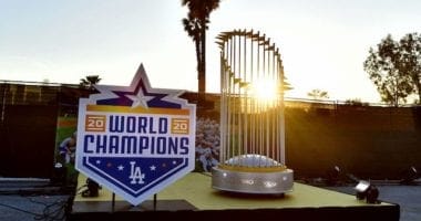 2020 World Series trophy, world champions sign, 2020 Dodgers Holiday Festival