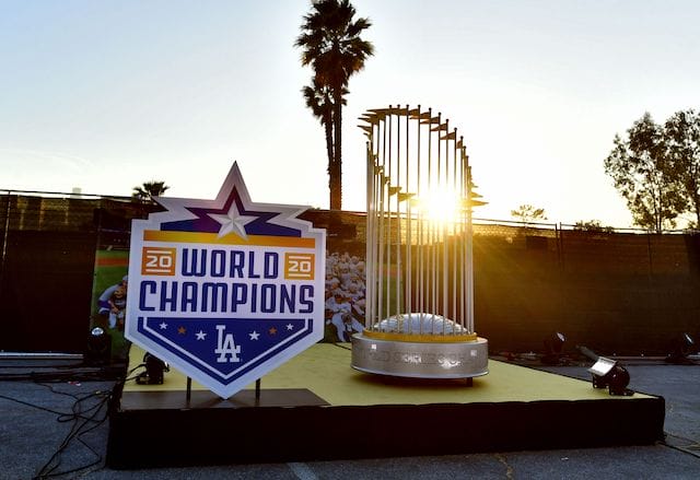 2020 World Series trophy, world champions sign, 2020 Dodgers Holiday Festival