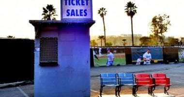 Old tickets booth, old Dodger Stadium seats, 2020 Dodgers Holiday Festival