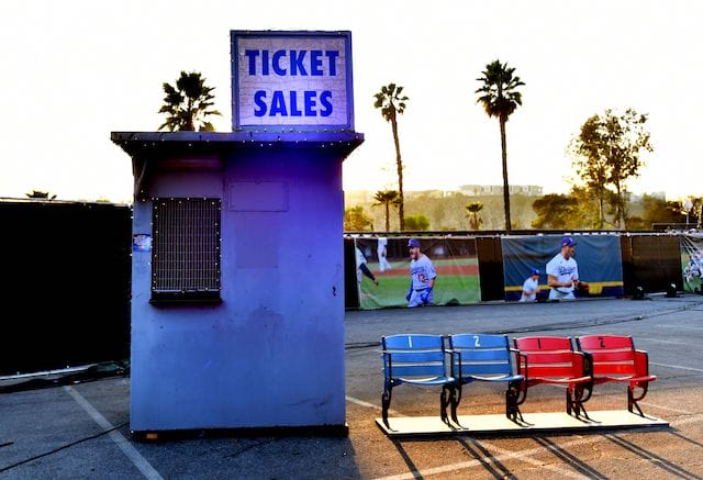 Old tickets booth, old Dodger Stadium seats, 2020 Dodgers Holiday Festival
