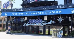 Dodger Stadium center field plaza entrance, Welcome to Dodger Stadium sign, Blue Heaven on Earth