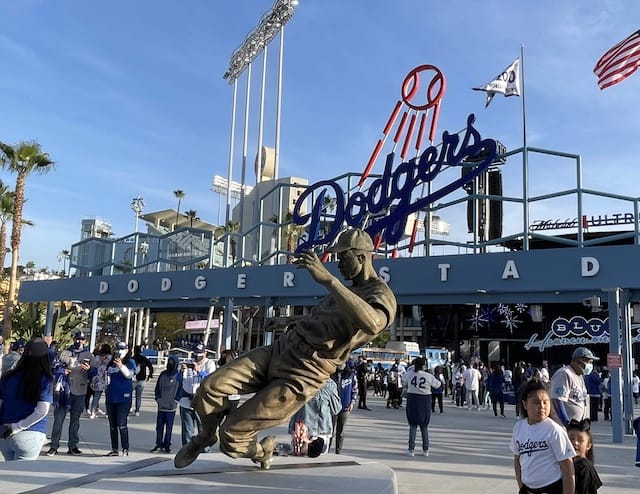 Jackie Robinson statue, Dodgers fans, center field plaza