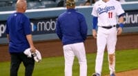 AJ Pollock, Dave Roberts, Dodgers trainer Neil Rampe