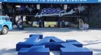 Dodger Stadium center field plaza, LA logo
