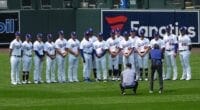 Walker Buehler, Max Muncy, Chris Taylor, Justin Turner, Jon SooHoo, Dodgers team photo, 2021 All-Star Game