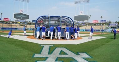 Dodgers batting practice, Dodger Stadium view, 2021 National League Wild Card Game