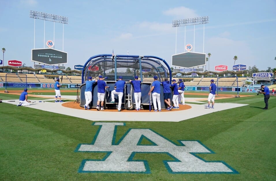 Dodgers batting practice, Dodger Stadium view, 2021 National League Wild Card Game