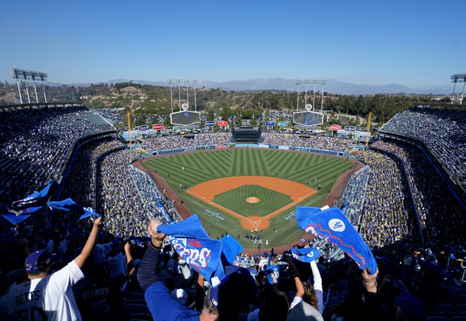 Dodgers fans, Dodger Stadium view, rally towels, 2021 NLCS