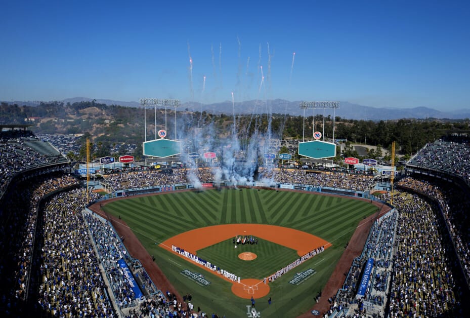 Dodgers Lined Up Fireworks Dodger Stadium View 2021 NLCS ?strip=all&lossy=1&ssl=1
