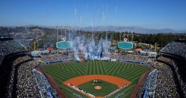 Dodgers lined up, fireworks, Dodger Stadium view, 2021 NLCS