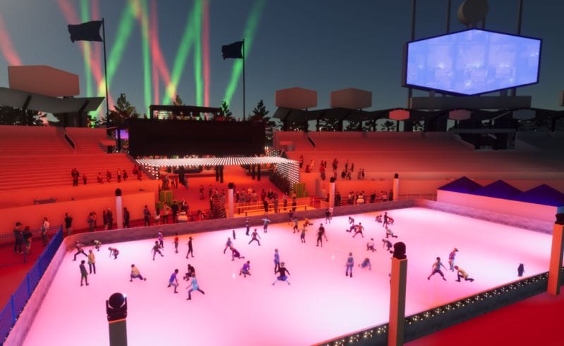Ice skating rink, Northern Lights display, 2021 Dodgers Holiday Festival