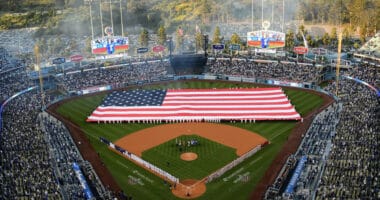 Dodger Stadium view, United States of America flag, home opener