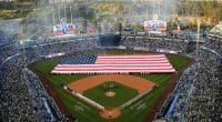 Dodger Stadium view, United States of America flag, home opener