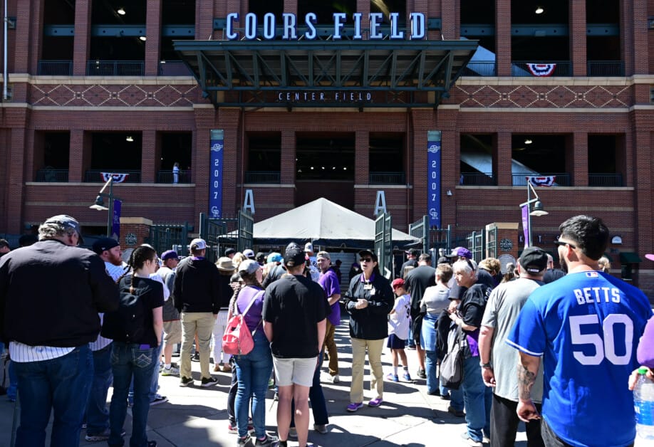 Dodgers fan, Mookie Betts jersey, Coors Field entrance, 2022 Opening Day