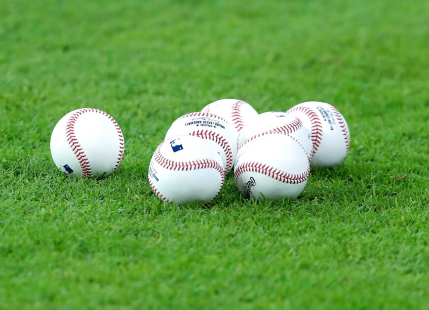 General view of baseballs, outfield grass