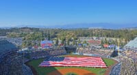 Dodger Stadium view, United States flag, flyover