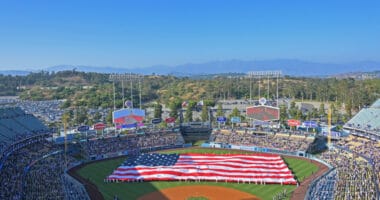 Dodger Stadium view, United States flag, flyover