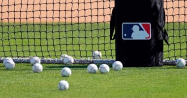 General view of MLB baseballs, baseballs bag, MLB logo