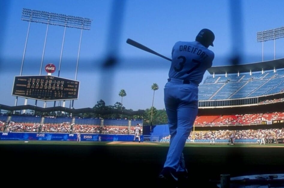 Darren Dreifort of the Los Angeles Dodgers during a game at Dodger