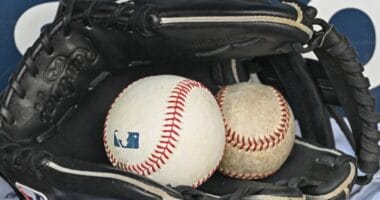 General view of baseballs, glove