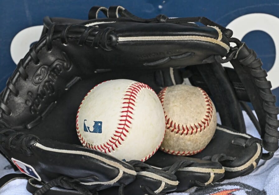 General view of baseballs, glove