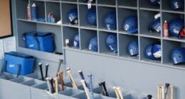 Dodgers helmets, bat rack, 2022 NLDS workout