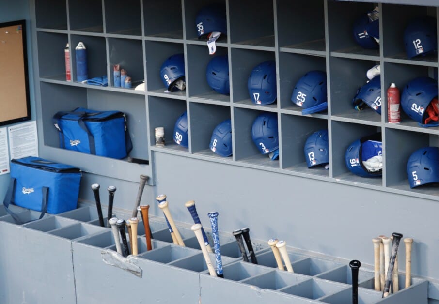 Dodgers helmets, bat rack, 2022 NLDS workout