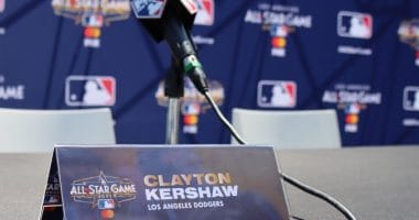 Clayton Kershaw name tag, 2022 MLB All-Star Game press conference